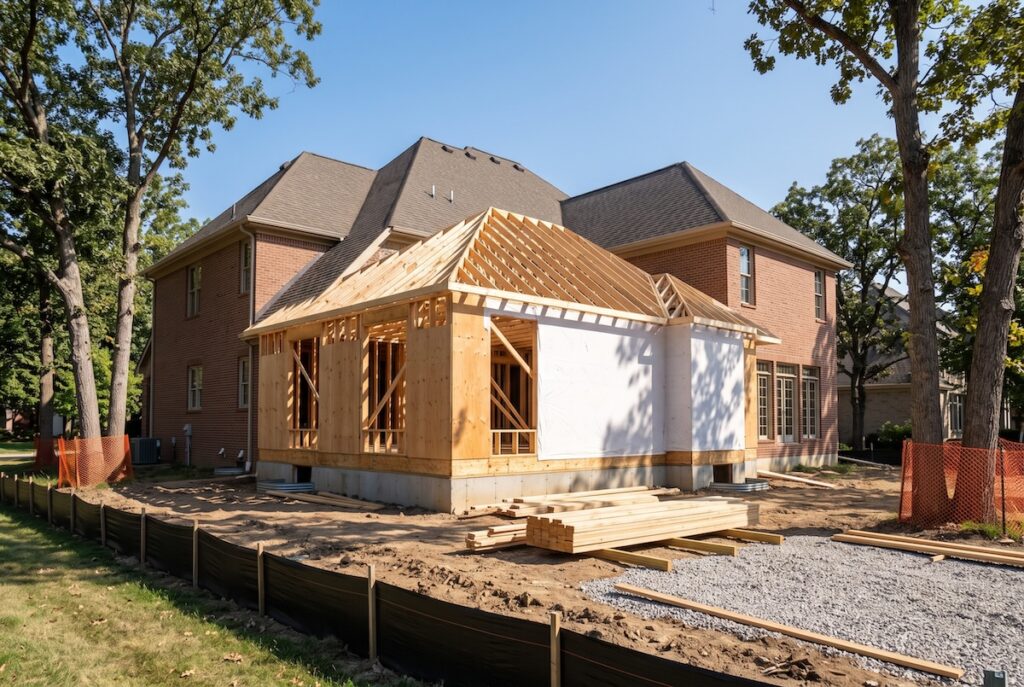 Home addition under construction showing new roof framing tied cleanly into the existing brick house on a tidy job site
