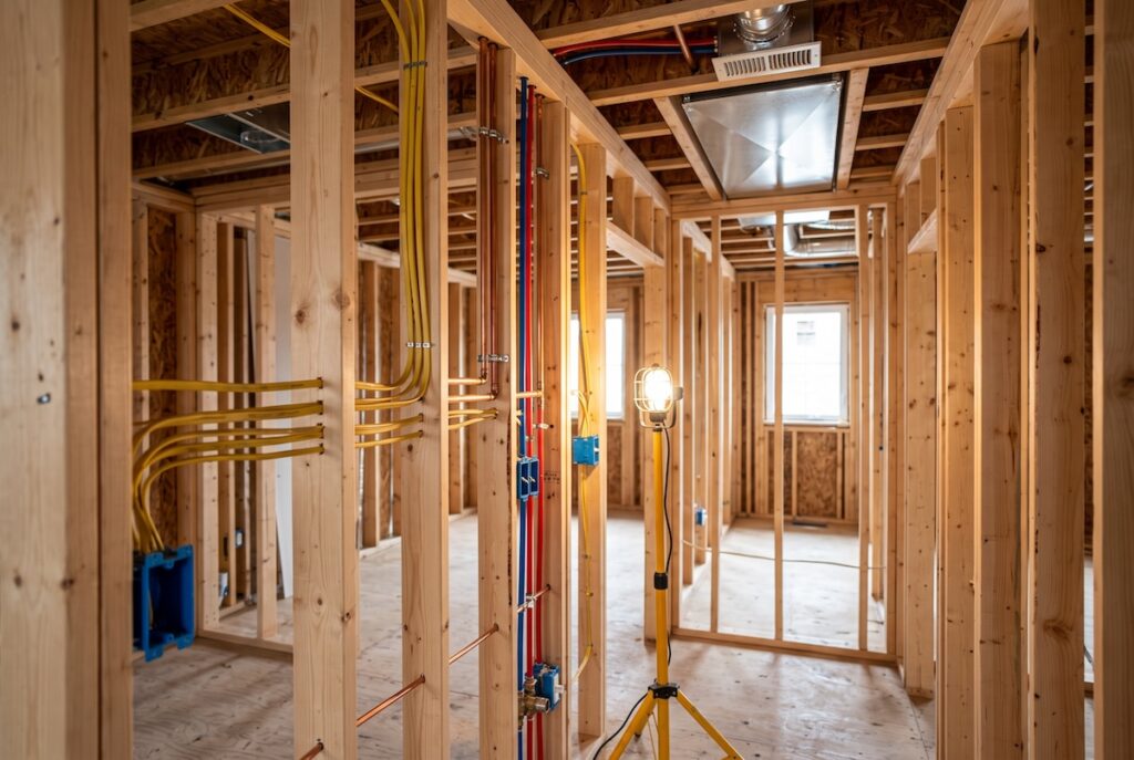 Interior walls opened to the studs showing neatly run electrical wiring, plumbing, and HVAC ductwork during the rough-in phase