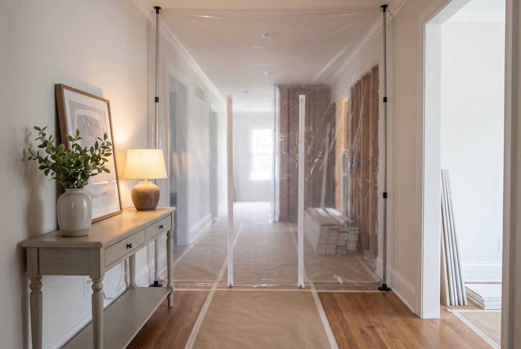 Floor-to-ceiling dust barrier with a zippered door sealing off a renovation zone, with protected floors and a clean lived-in hallway