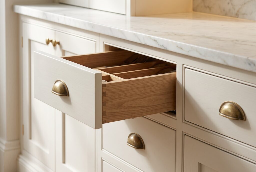 Close-up of custom inset cabinetry with solid brass hardware, a honed marble countertop edge, and warm under-cabinet lighting