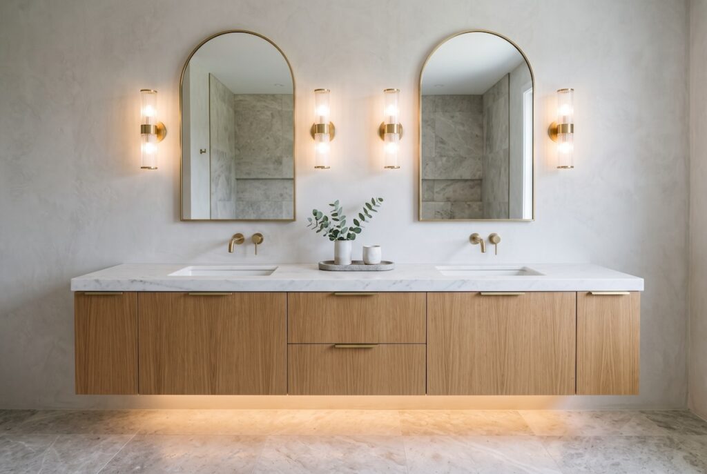 Custom double vanity in white oak with stone countertop, two undermount sinks, and layered mirror lighting