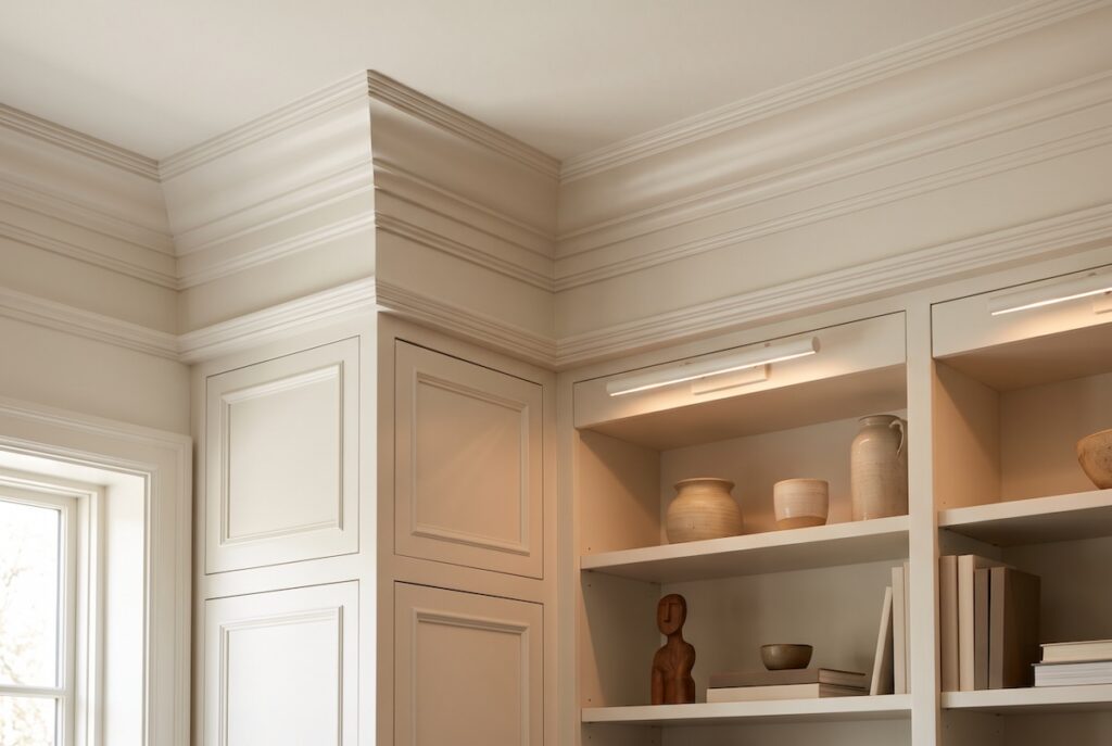 Upper corner of a luxury room showing tight, gap-free crown molding miters above custom built-in bookcases
