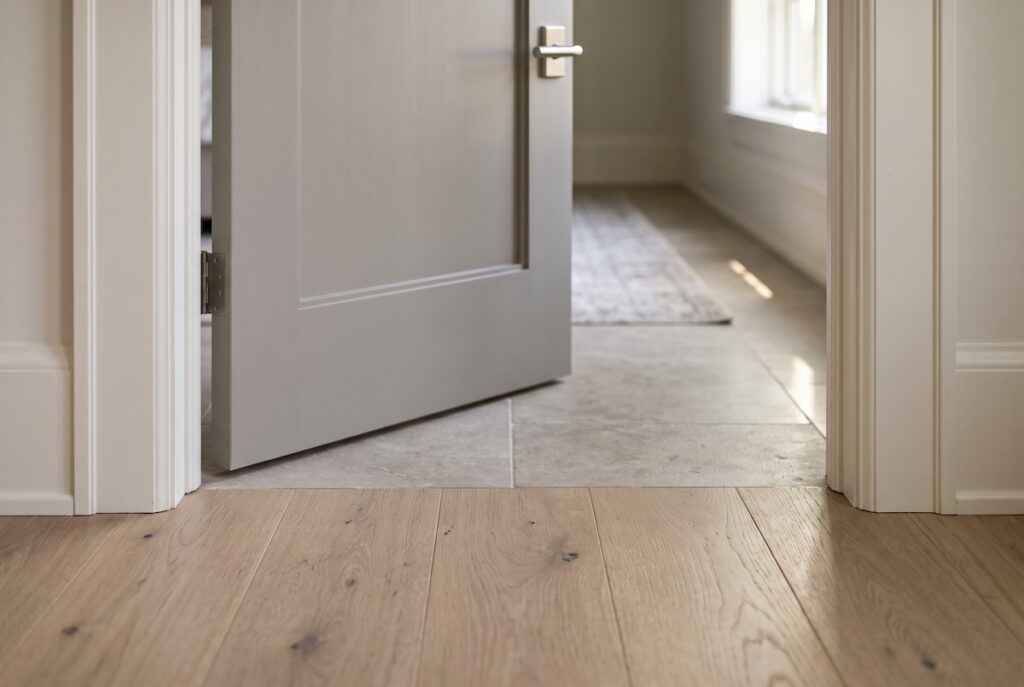 Flush, seamless doorway transition between wide-plank white oak flooring and natural stone tile with a crisp cased opening